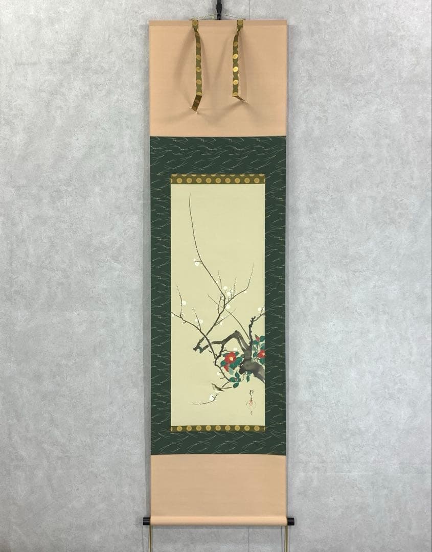 掛軸 酒井抱一 梅椿に鶯図 木箱 十二ヶ月花鳥図 工芸 太巻 7-24