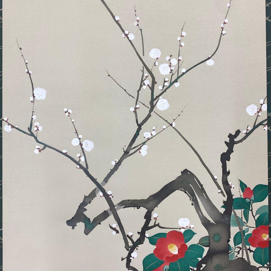 掛軸 酒井抱一 梅椿に鶯図 木箱 十二ヶ月花鳥図 工芸 太巻 7-24