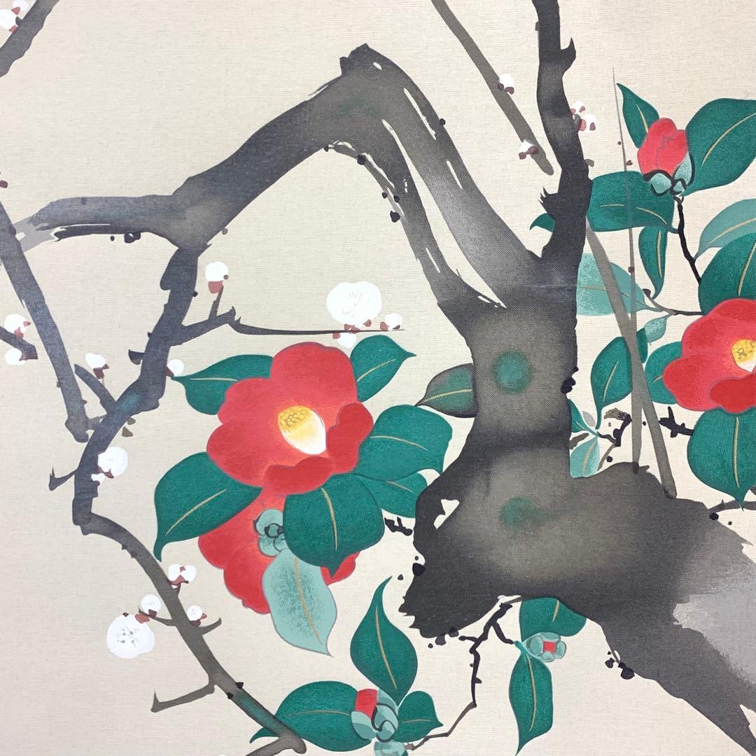 掛軸 酒井抱一 梅椿に鶯図 木箱 十二ヶ月花鳥図 工芸 太巻 7-24