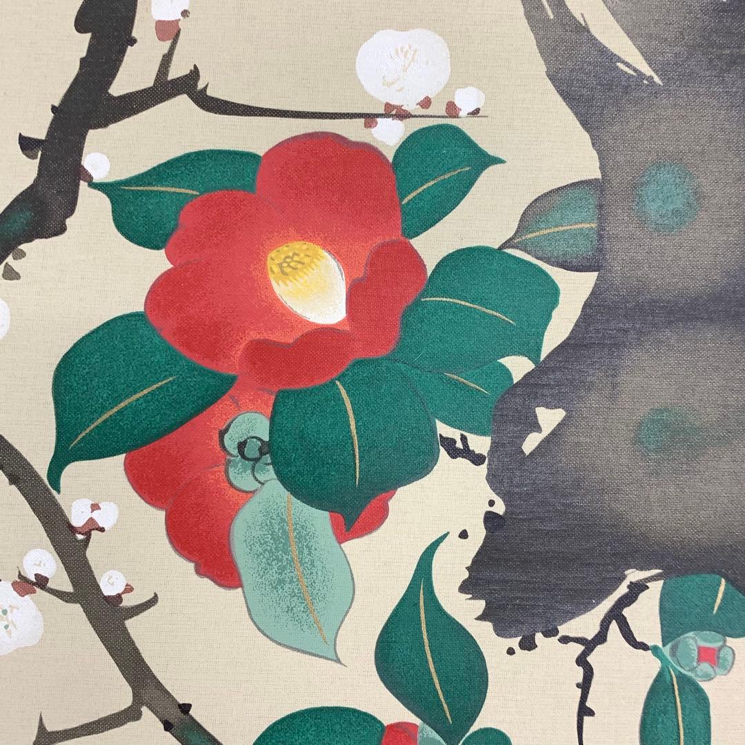 掛軸 酒井抱一 梅椿に鶯図 木箱 十二ヶ月花鳥図 工芸 太巻 7-24