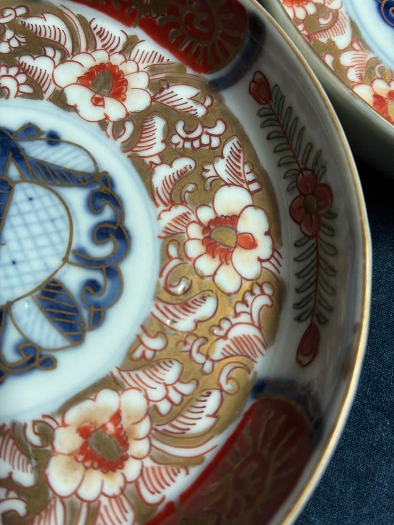古伊万里　金彩色絵花文様　小皿　5枚　傷無し　明治　直径12.3センチ　取り皿