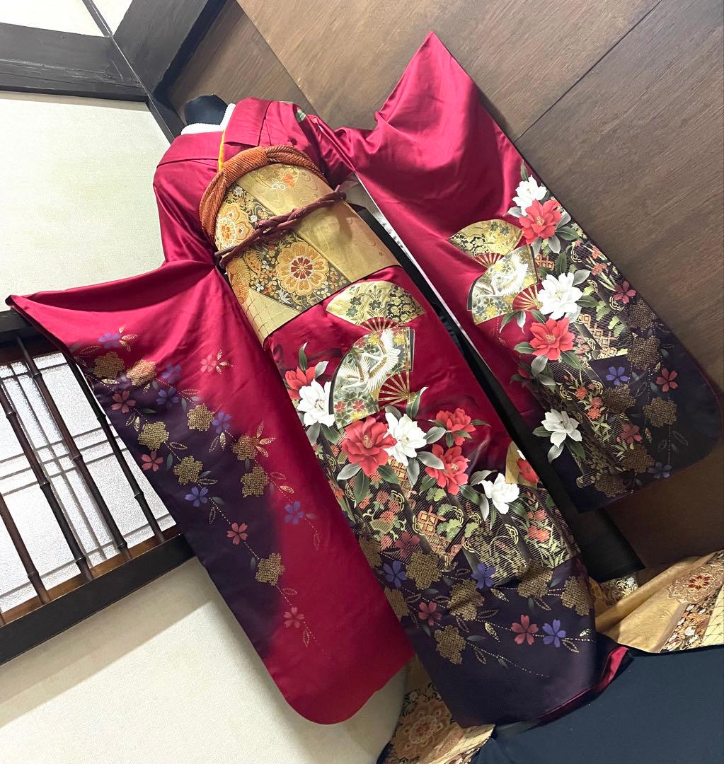 振袖フルセット6点サイズM〜L正絹 扇面鶴飛文　売り切り終了