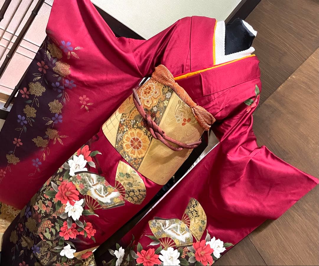 振袖フルセット6点サイズM〜L正絹 扇面鶴飛文　売り切り終了