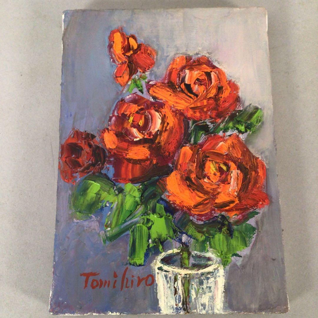 No3888 額装　真作　金原富広「バラ」　2000年 油彩画　裏書有 送料無料