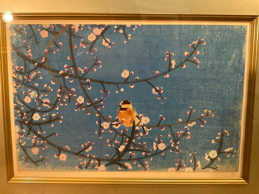 前田青邨「紅白梅に山雀」シルクスクリーン　落款・エディション・作品証明シール有り