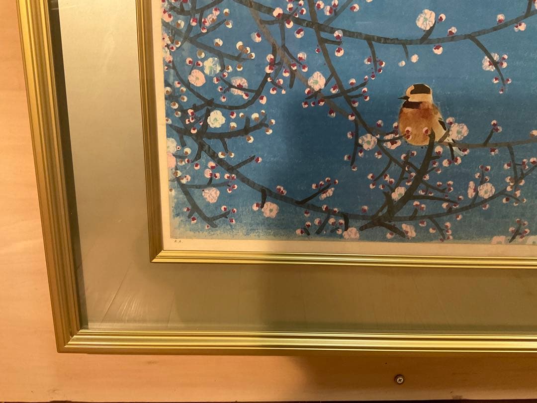 前田青邨「紅白梅に山雀」シルクスクリーン　落款・エディション・作品証明シール有り