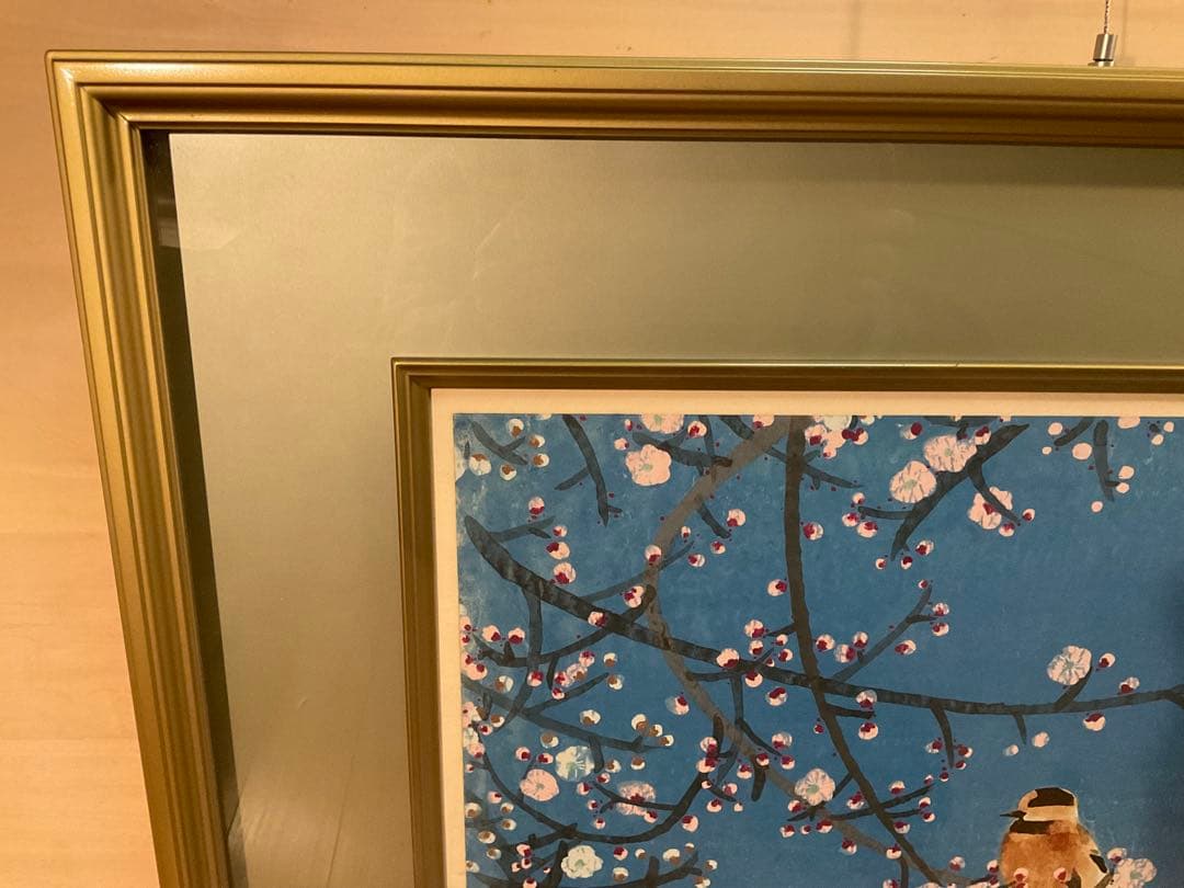 前田青邨「紅白梅に山雀」シルクスクリーン　落款・エディション・作品証明シール有り