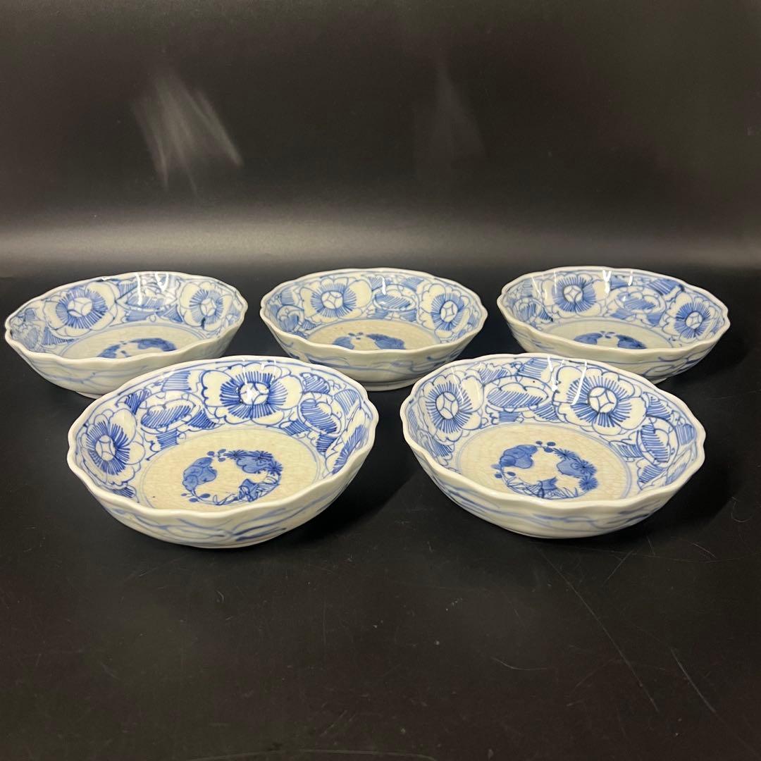 明治期 染付 松竹梅図 なます皿 5客揃 白磁 貫入◎古道具庵々