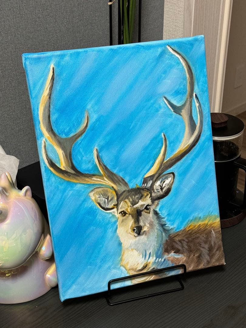 「牡鹿」　手描き　油絵　風景画　原画　動物