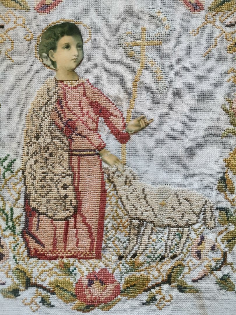 アンティーク 洗礼者聖ヨハネと羊プチポワン 薔薇朝顔菫ニードルポイント 麻布付