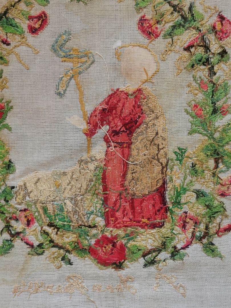 アンティーク 洗礼者聖ヨハネと羊プチポワン 薔薇朝顔菫ニードルポイント 麻布付