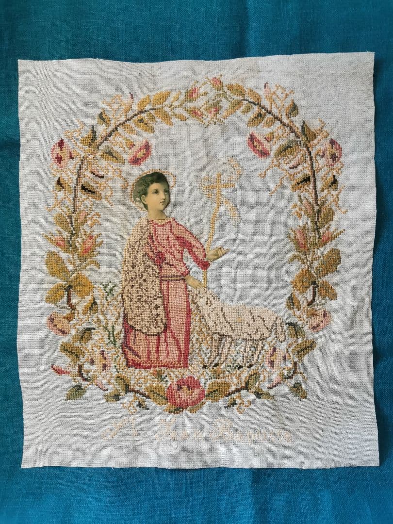 アンティーク 洗礼者聖ヨハネと羊プチポワン 薔薇朝顔菫ニードルポイント 麻布付