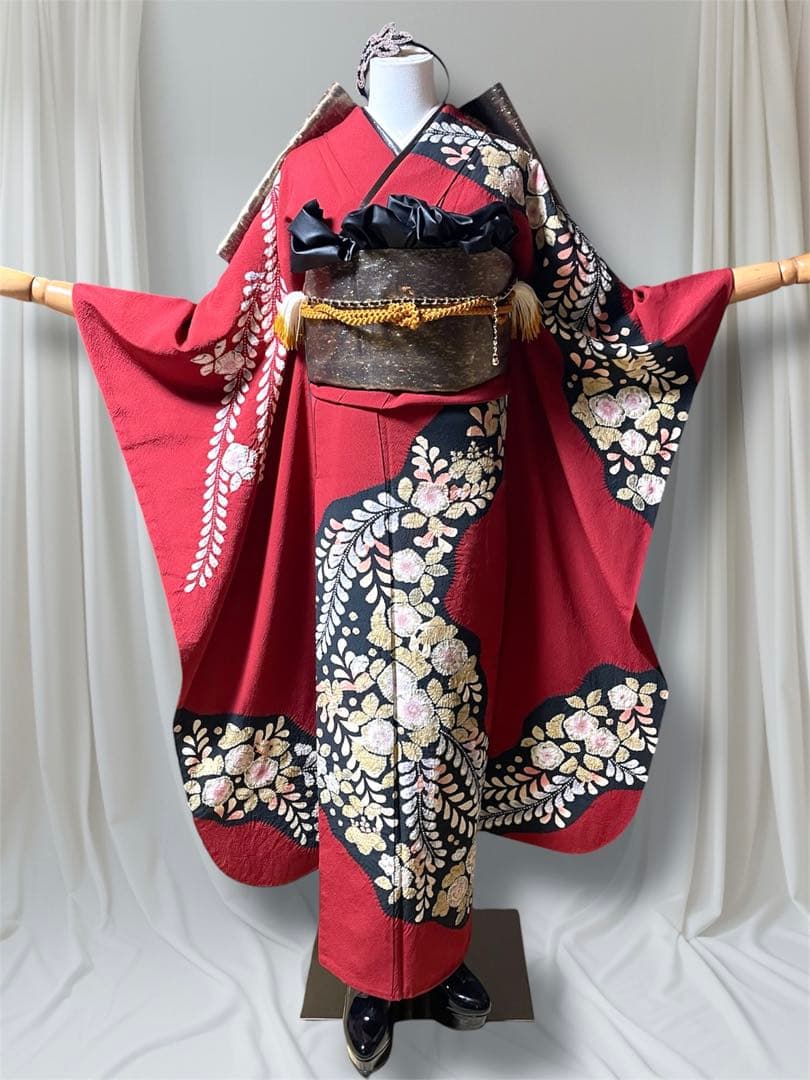 翠山工房 振袖 フルセット 成人式 辻が花 赤黒 落款あり安心セット