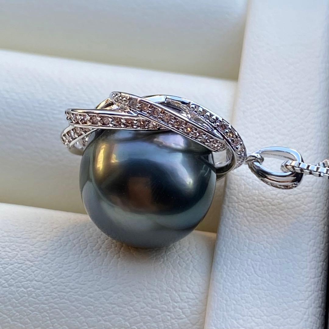 本真珠　南洋黒蝶真珠ネックレストップ　13mmダークグリーンPT884