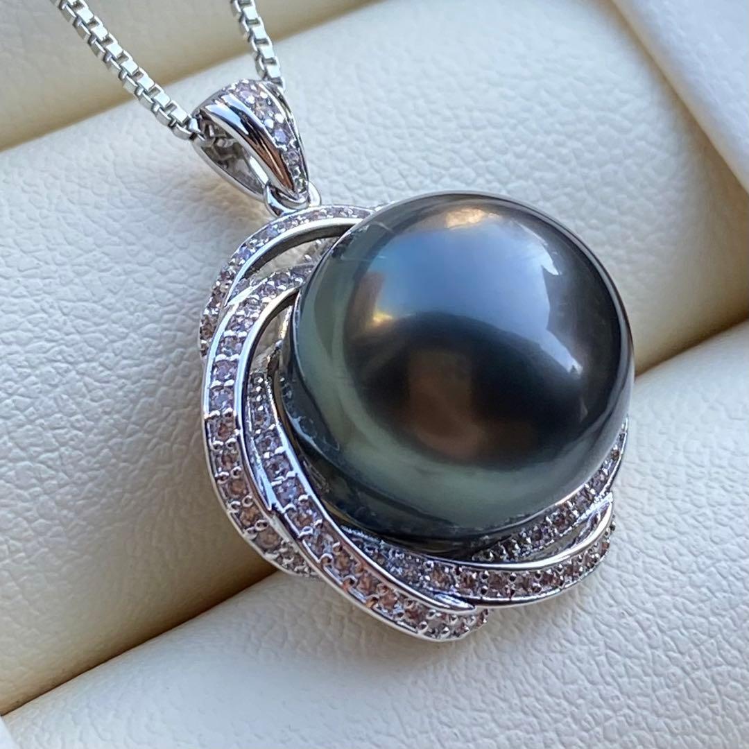 本真珠　南洋黒蝶真珠ネックレストップ　13mmダークグリーンPT884