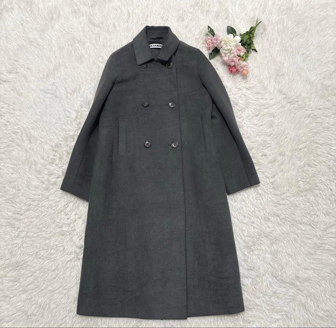 ジルサンダー ダブルブレスト ロングコート グレー　イタリヤ製 レディース 36