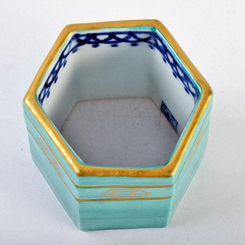 茶道具　古余呂技窯　川瀬竹春作　緑地金彩　六角蓋置　共布共箱　Z　8907