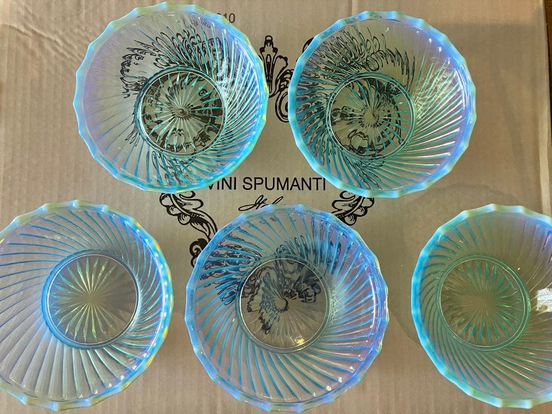 ウランプレスガラス　乳白×水色　氷コップ、小鉢×5 アンティーク