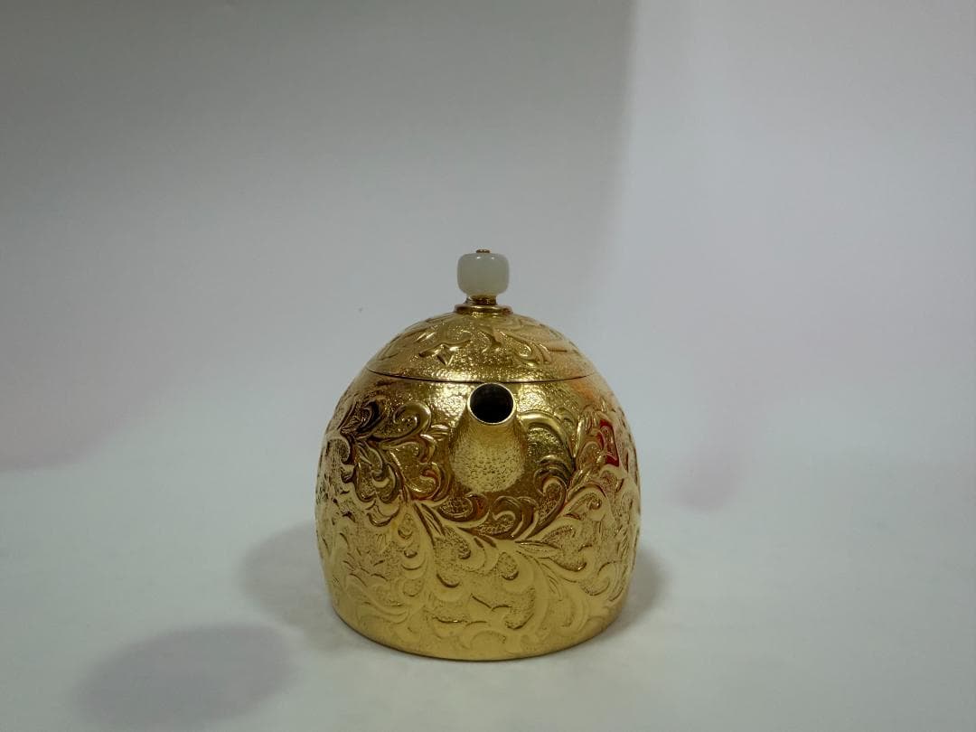 純銀製 花蔦文 金メッキ 玉石取っ手 急須 銀瓶 煎茶道具