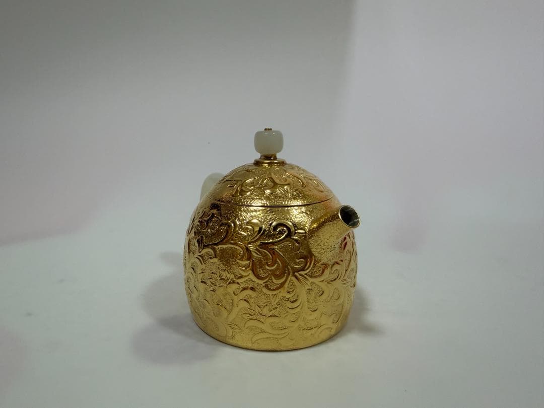 純銀製 花蔦文 金メッキ 玉石取っ手 急須 銀瓶 煎茶道具