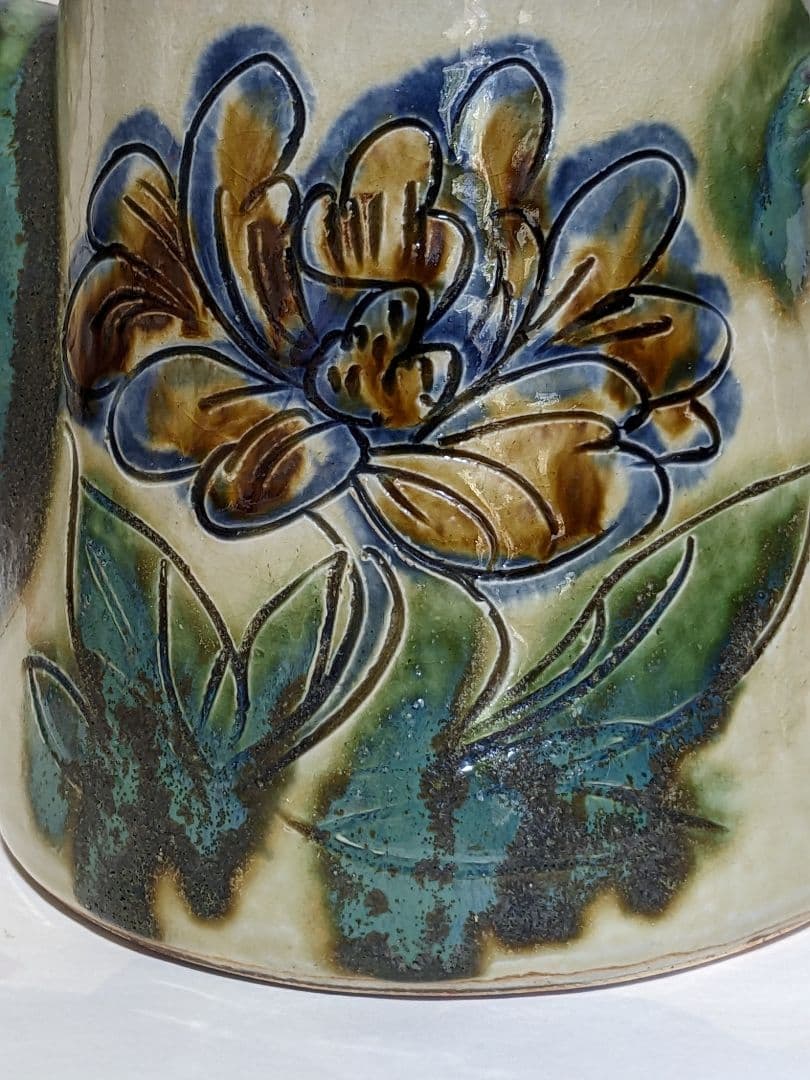 ♦民藝 琉球焼 緑釉流し掛け 箆彫り 草花文 水注 ポット 沖縄 やちむん骨董品