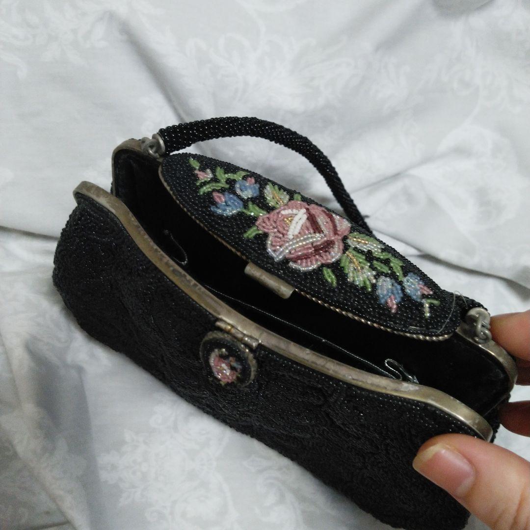 中古　レトロ　ビーズ　バック　インテリア　鏡有　ビーズ解れ有　クラッチ　タイプ