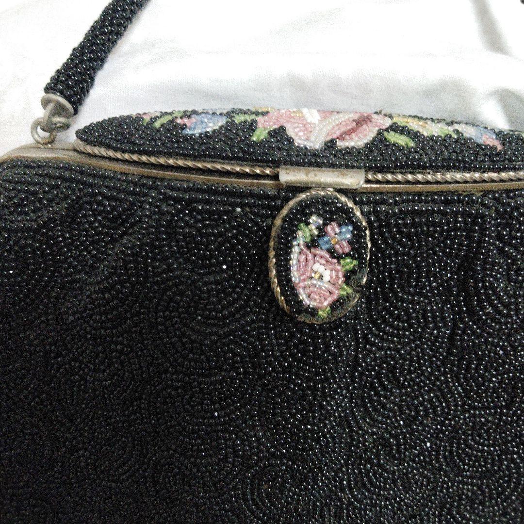 中古　レトロ　ビーズ　バック　インテリア　鏡有　ビーズ解れ有　クラッチ　タイプ