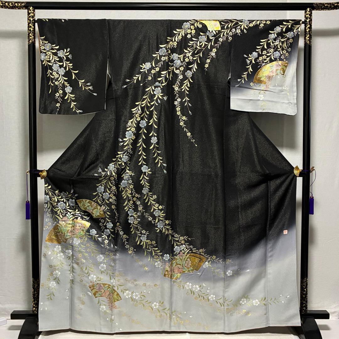 D42訪問着 螺鈿細工 枝垂れ桜 金通し 金彩 落款入 正絹 着物 袷 極美品