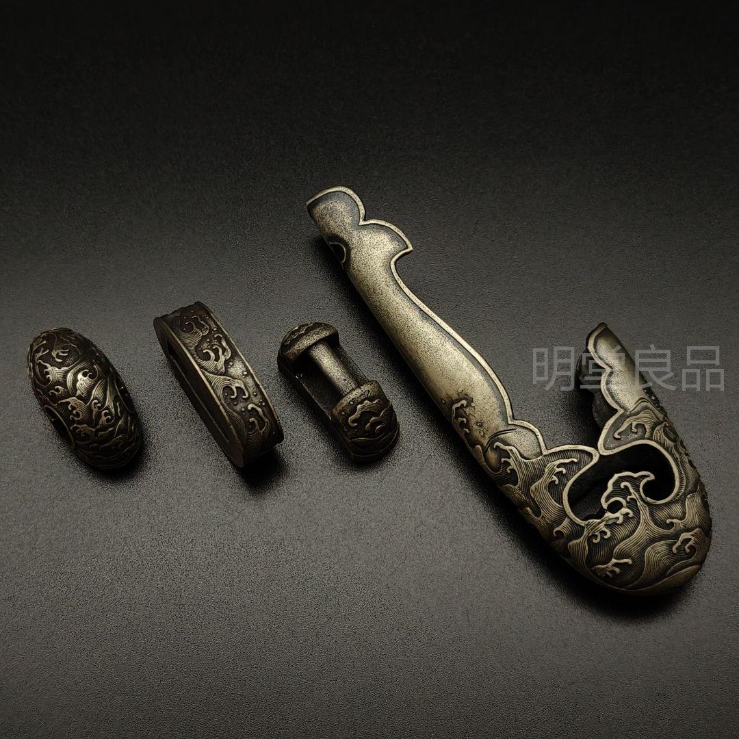 年末セール　柄鞘一式金具　縁頭　栗形　鐺　海波の図　突兵拵　銅製　日本刀装具