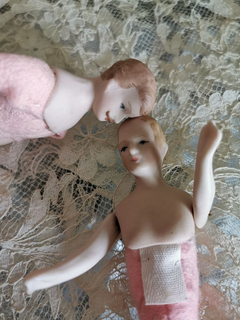 アンティーク チャイナヘッドドール ふっくらピンクフェルト ペア 夫婦 カップル
