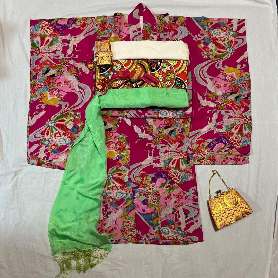 七五三　7歳　ハーフ成人式　アンティーク　ピンク　総柄　大正ロマン　着物セット