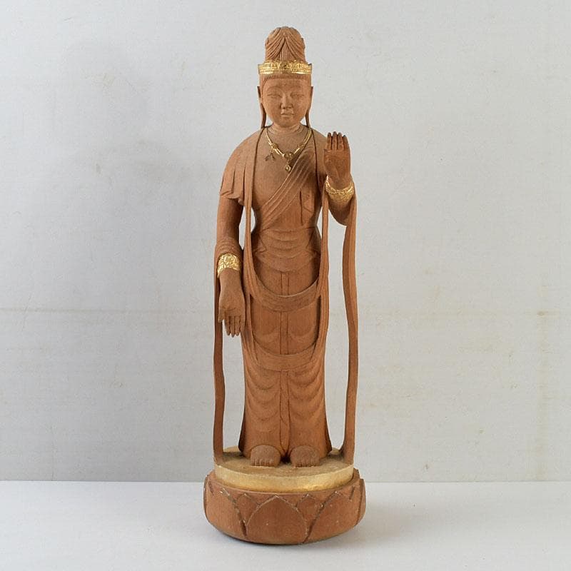 仏教美術　芳正作　木彫塗金　観音立像　仏像　置物　V　9405