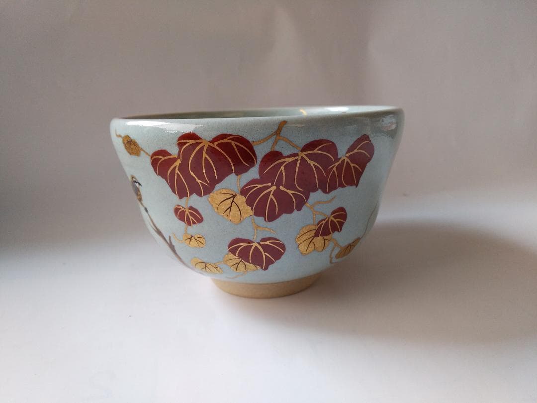 橋本紫雲 平安紫雲 色絵 失透釉 蔦ニ百舌文 茶碗 共箱 共布 茶道具 新品