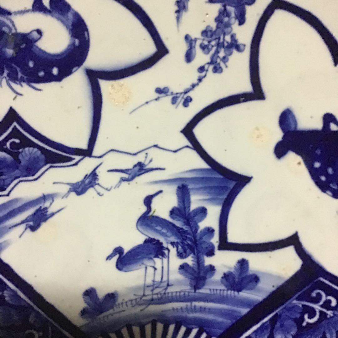 古伊万里染付扇面鹿に鶴の図大皿