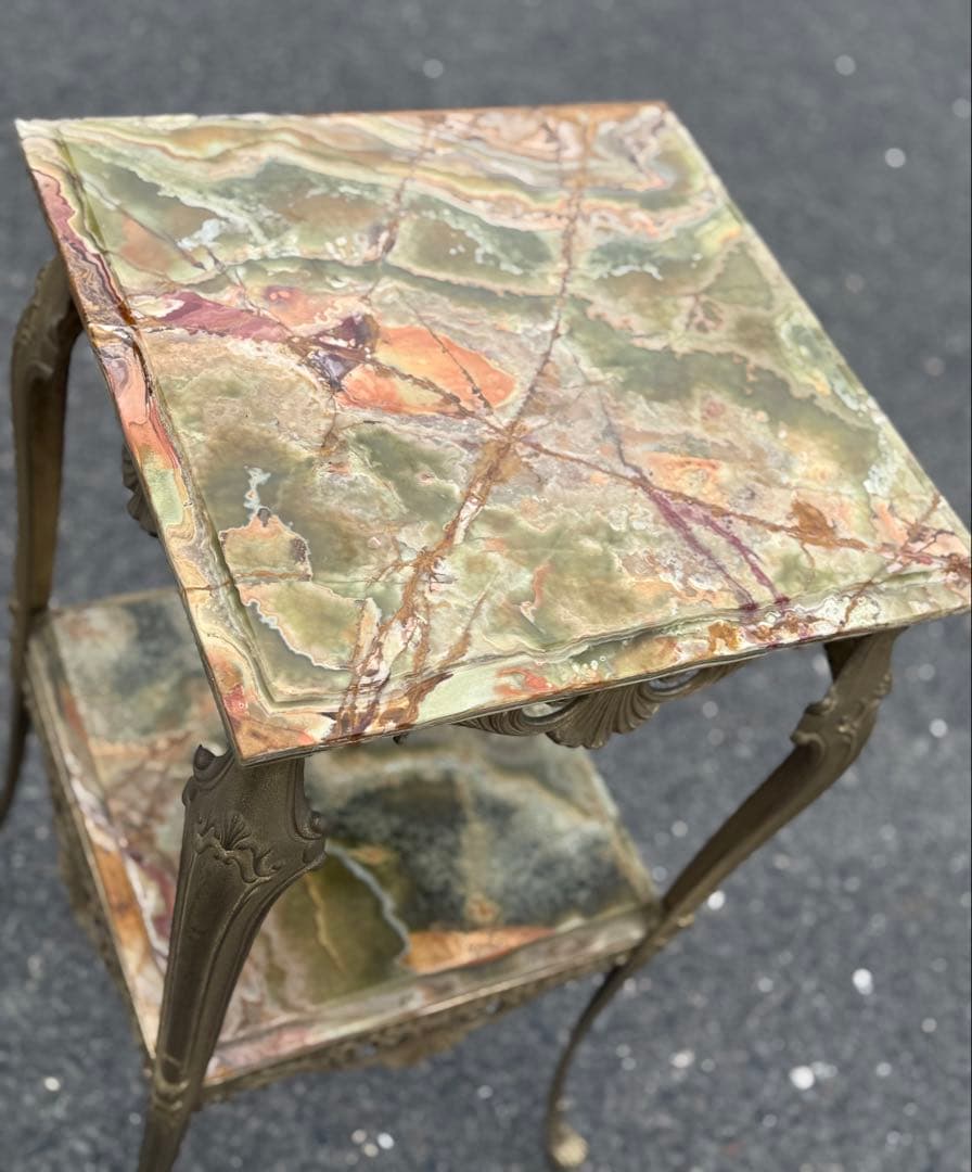 アンティーク 大理石 グリーンオニキス サイドテーブル 2段式