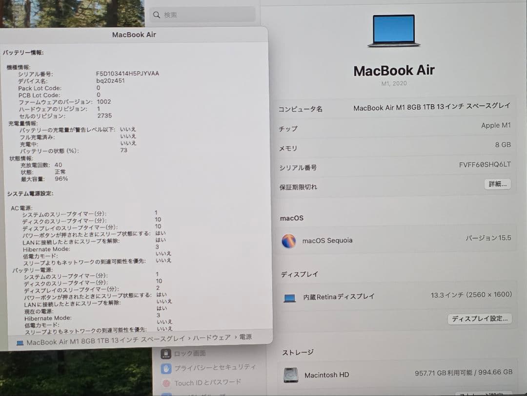 MacBook Air M1 8GB 1TB 13インチ ス 最大容量96%
