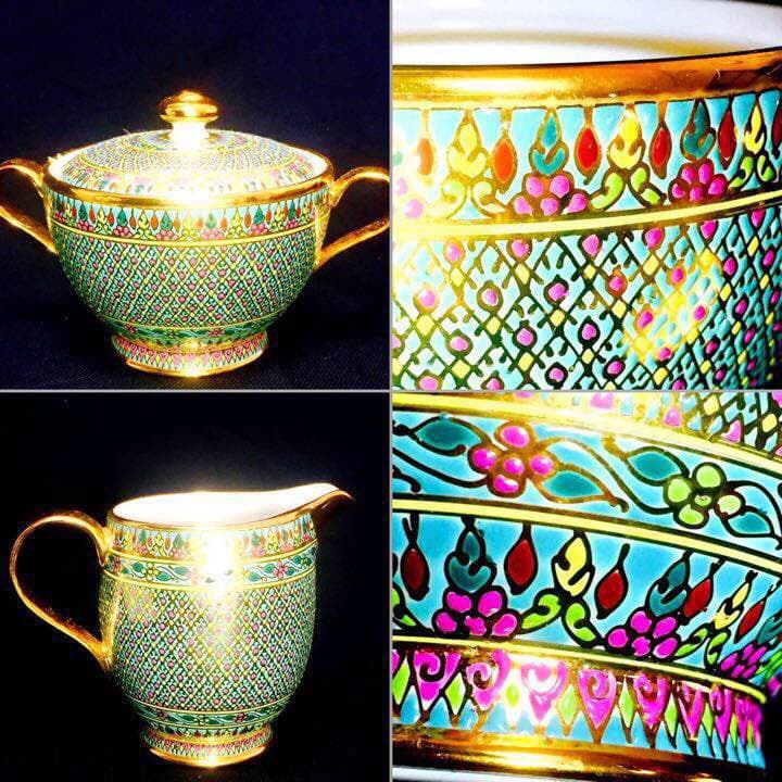 タイ王室御用達手書き ベンジャロン焼 クリマー＆シュガーポット