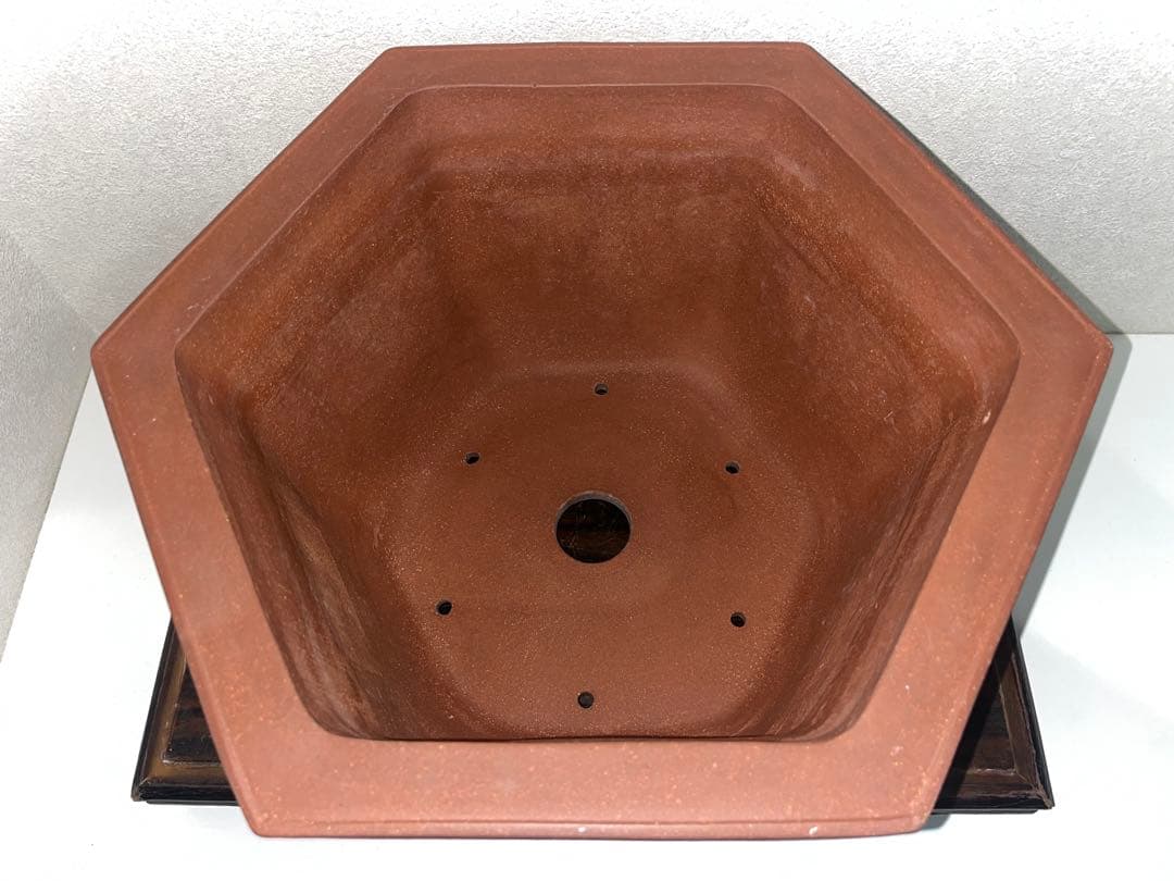 希少！！大型　朱泥六角切脚額入懸崖鉢　ラン鉢　正方　盆栽鉢