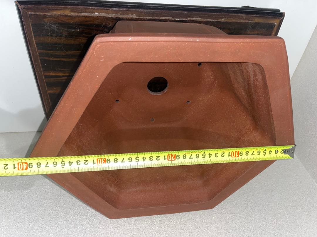 希少！！大型　朱泥六角切脚額入懸崖鉢　ラン鉢　正方　盆栽鉢