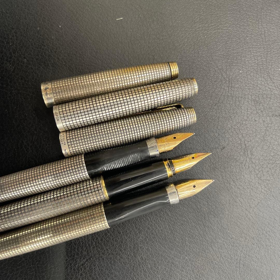 万年筆3本セット14金 ペン先・シルバー・ブラック チェック柄