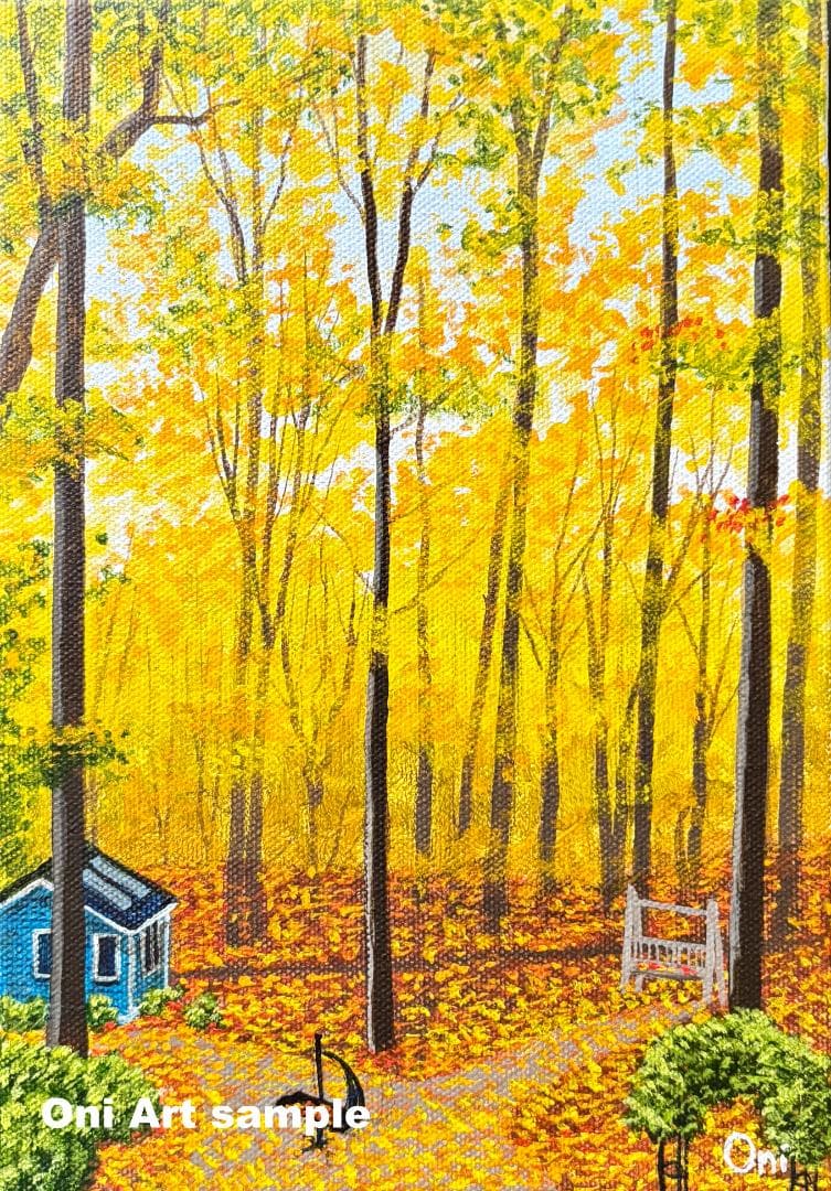 アクリル画　原画　「オータムバックヤード01」額縁付き　SMサイズ　風景画