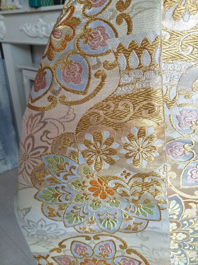 白金に華紋のだらりの帯☆作り帯