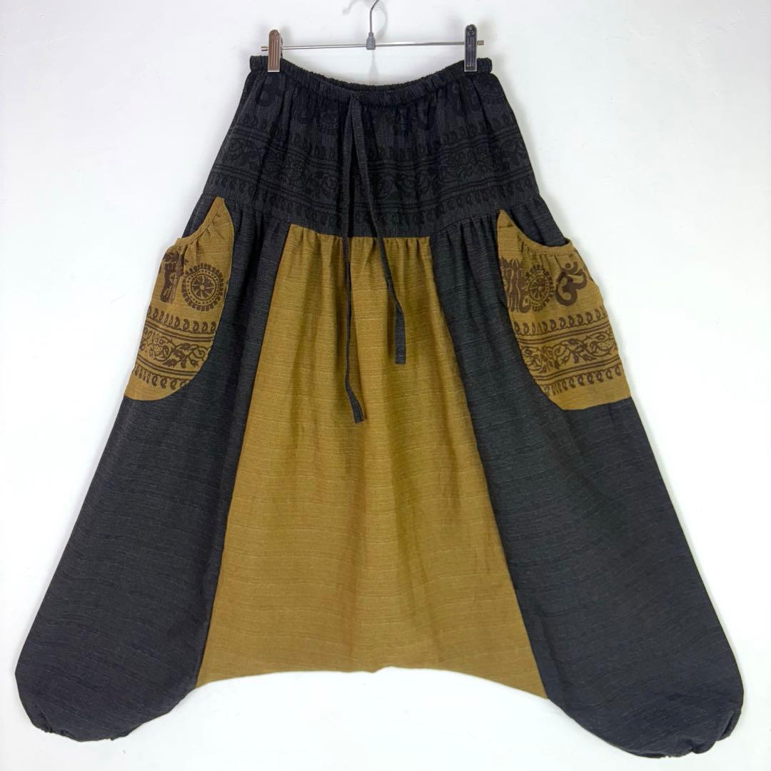 【新品】コットンサルエルパンツ　タイパンツ　サイドポケット　ブラウン　F840