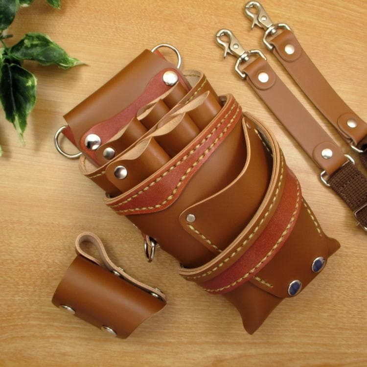 キャメル＆茶色　本革シザーケース＆ブラシケース　６丁差し　SCA-57/CCA