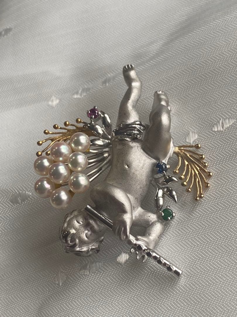 K18 シルバー 18金 コンビ アコヤパール 真珠 天使 ペンダント ブローチ