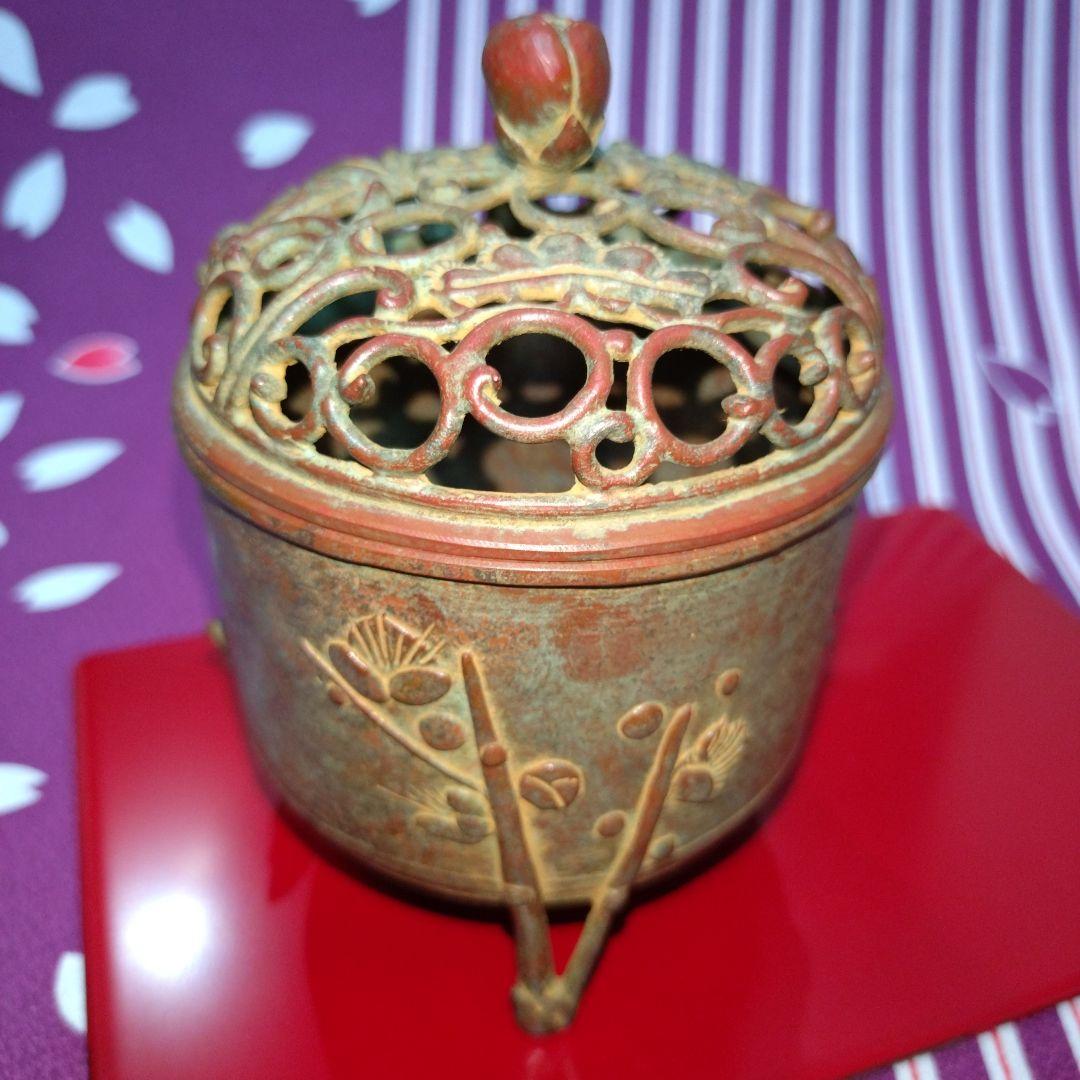 【良品】高岡銅器 須賀月芳作 香炉 蝋型鋳銅 共箱 証明書 香炉灰付