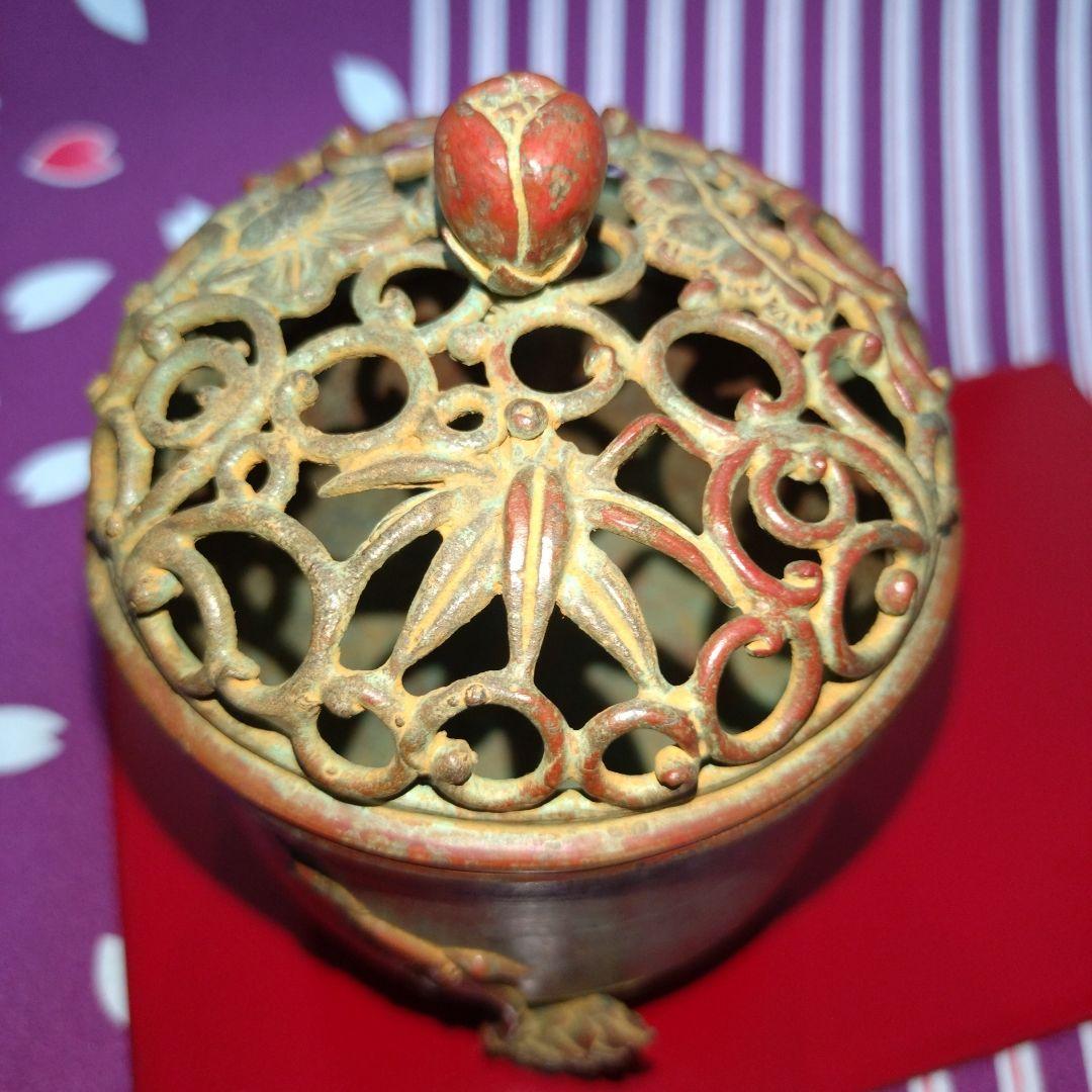 【良品】高岡銅器 須賀月芳作 香炉 蝋型鋳銅 共箱 証明書 香炉灰付