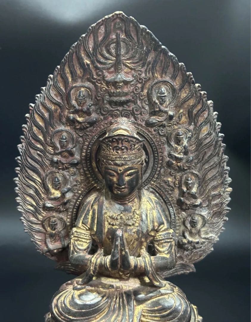 仏教古美術 純銅静座観音 銅製　仏像 蓮の台座 多仏像付き　観音