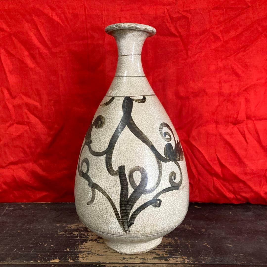 中国　鉄絵　瓶　徳利　蔓草図