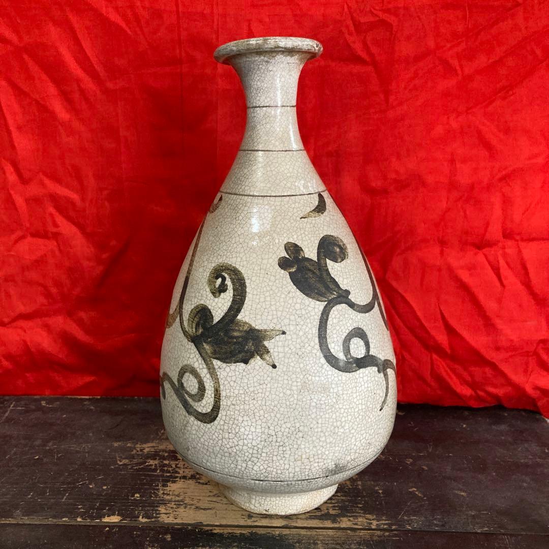 中国　鉄絵　瓶　徳利　蔓草図